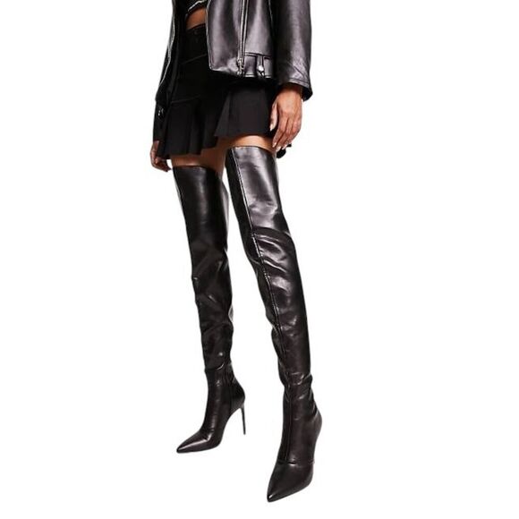 ASOS DESIGN Kayla Black Thigh High Stiletto Boots Size 9 US Faux Leather - Picture 1 of 6